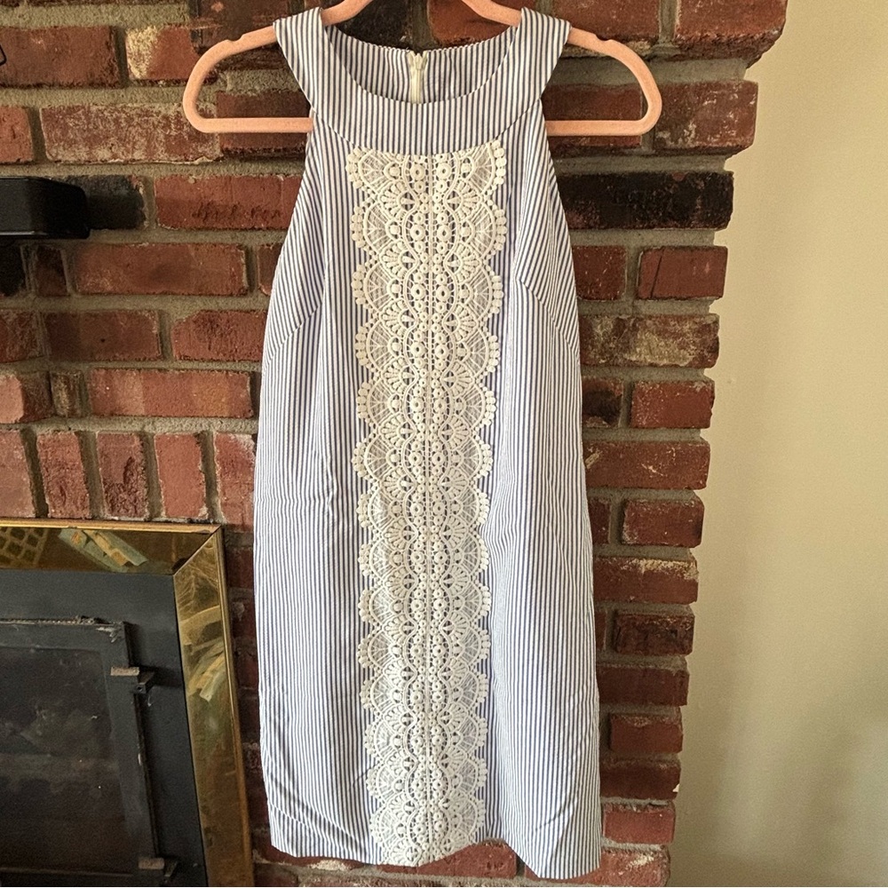Navy Cream Sleeveless Nautical High Neck Dress w/Lace Panel Coquette Preppy Sz 2
